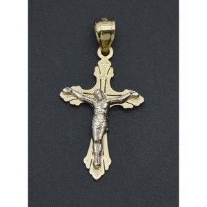 Real 10K Solid Yellow White Gold Sword Back Charm Jesus Crucifix Pendant 1.4gram